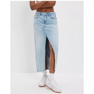 American Eagle Outfitters Light Blue Denim Midi Skirt with Front Slit